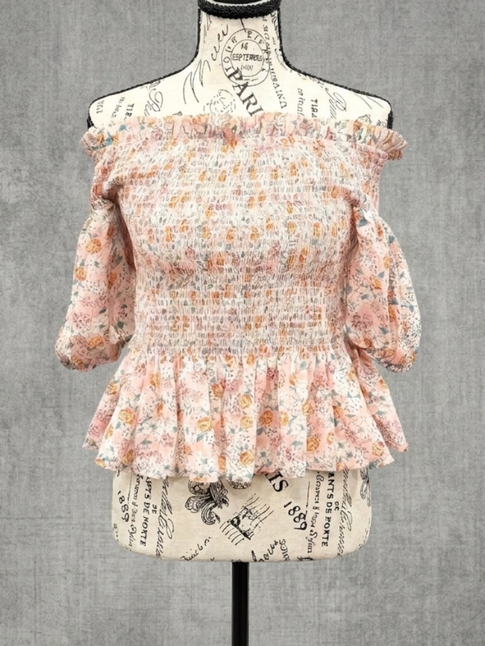 Socialite Pink Floral Smocked Off The Shoulder Peplum Top Puff Sleeve Cottage